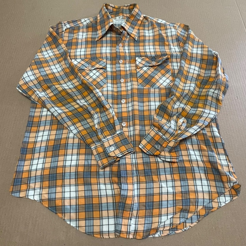 Vintage 1970s Barnaby Plaid Flannel Work Shirt Permanent Press Orange Gray Large